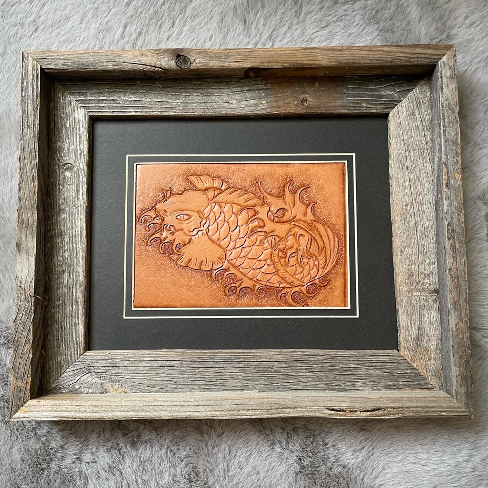 Framed Tooled Leather Art Handmade Koi Fish Design Rustic Japanese Wall Decor